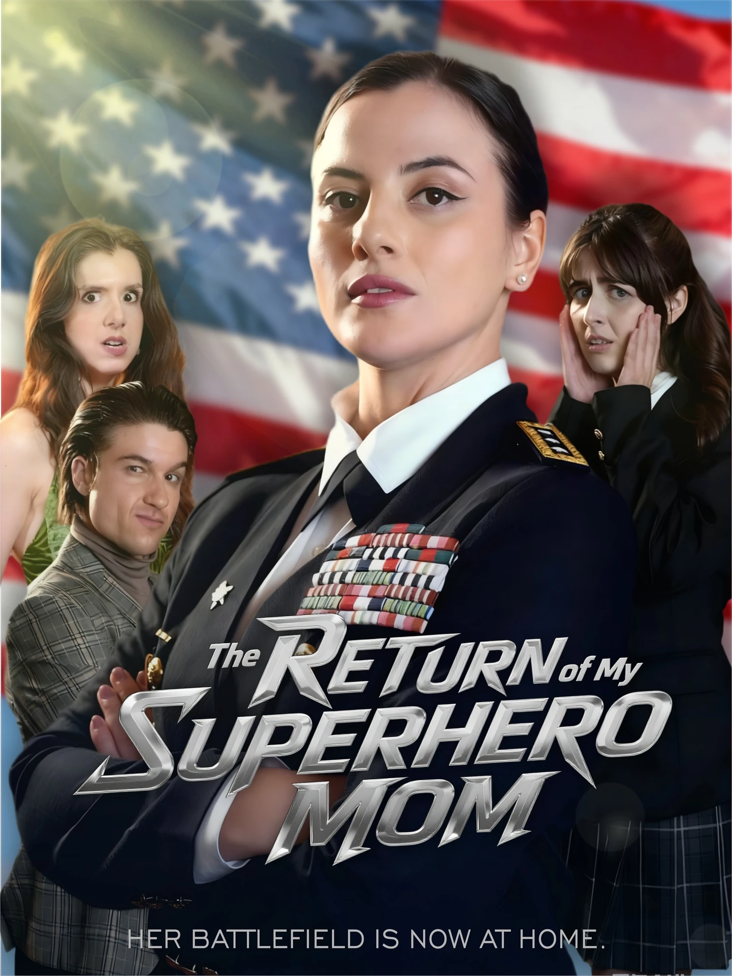 A dramatic image depicting Caroline West, the superhero mom, in a military uniform reclaiming her daughter, representing the strong themes of The Return Of My Superhero Mom.
