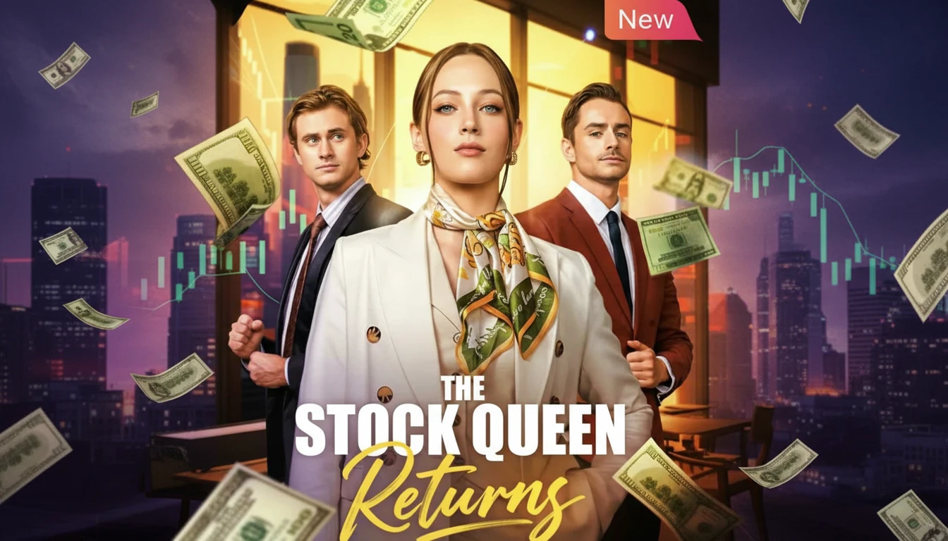 A powerful woman in a business suit, symbolizing The Stock Queen Returns, standing triumphantly over a cityscape. She has an intense, determined expression, representing her strategic revenge in The Stock Queen Returns.