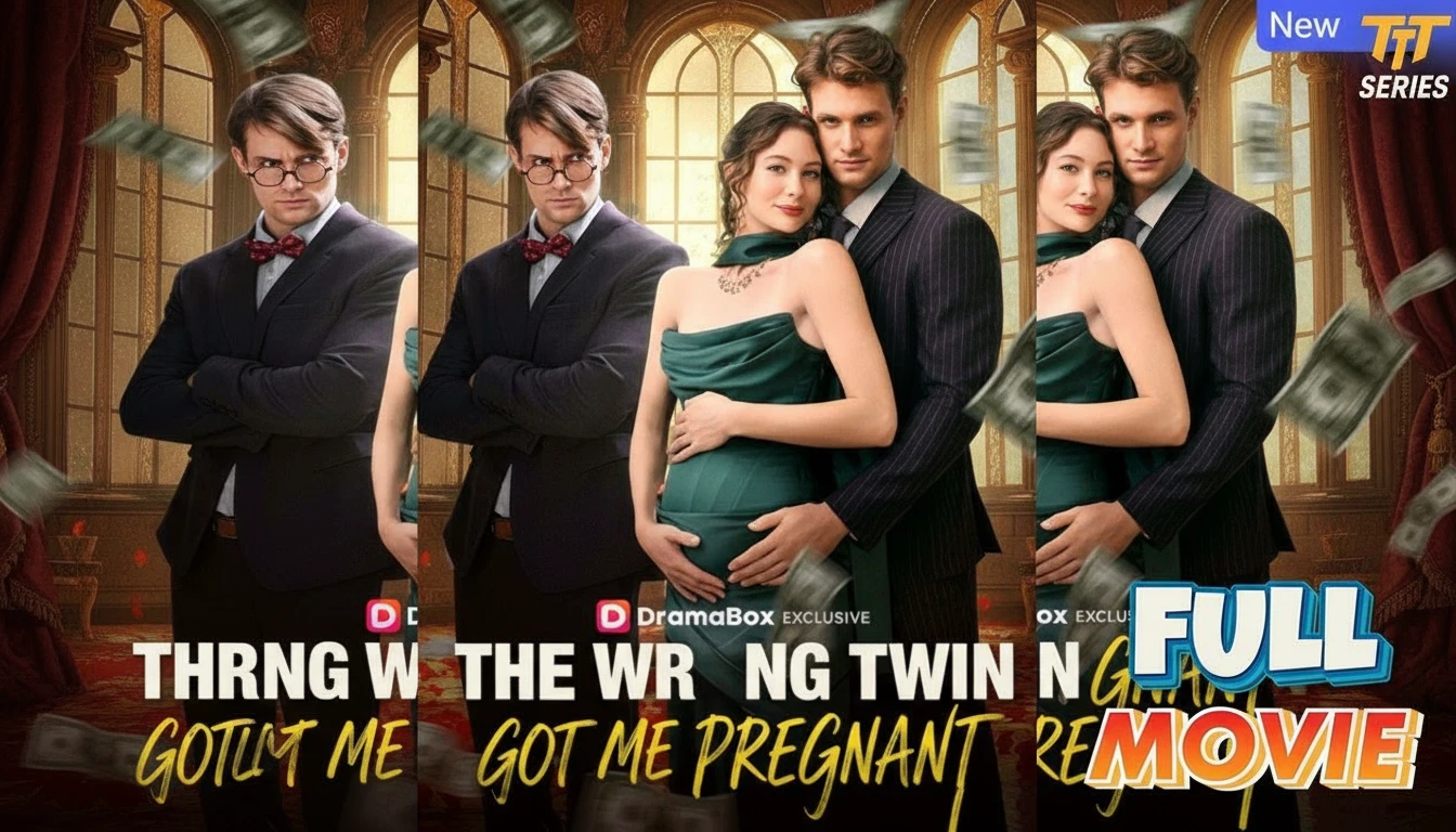 A dramatic still from 'The Wrong Twin Got Me Pregnant' featuring Chanel, Ace, and Axel, highlighting the central love triangle and family drama.