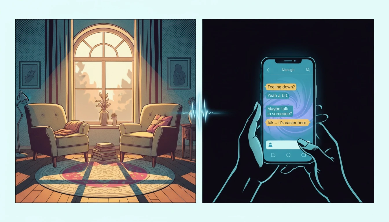 A symbolic image representing the choice in therapy apps vs traditional therapy, with a warm office on one side and a glowing smartphone on the other. filename: therapy-apps-vs-traditional-therapy-bestie-ai.webp