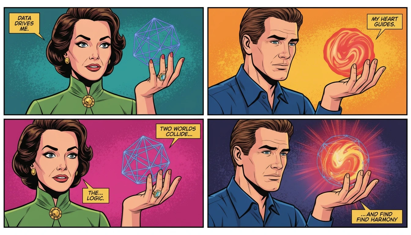 A symbolic image representing thinking vs feeling in relationships, where one hand holds a logical shape and another holds a warm light, about to connect. thinking-vs-feeling-in-relationships-bestie-ai.webp