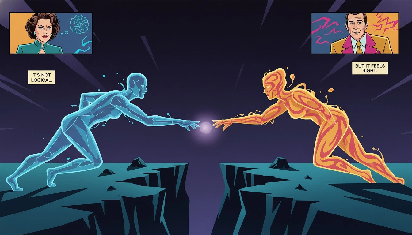 Two abstract figures, one representing logic and the other emotion, bridging a gap, symbolizing effective thinking vs feeling mbti communication. Filename: thinking-vs-feeling-mbti-communication-bestie-ai.webp