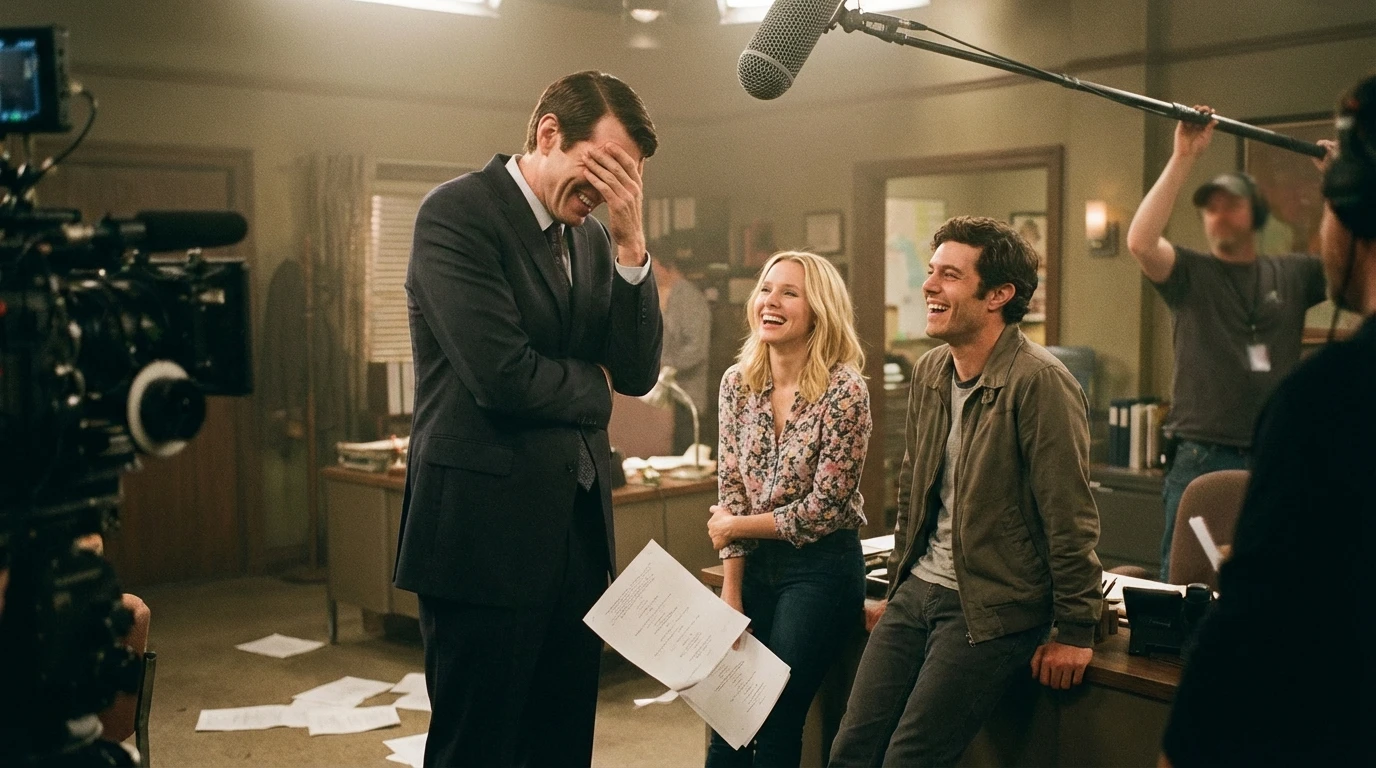 A candid photo showing the cast's joyful reaction during one of the Timothy Simons bloopers on the set of 'Nobody Wants This'. filename: timothy-simons-bloopers-bestie-ai.webp