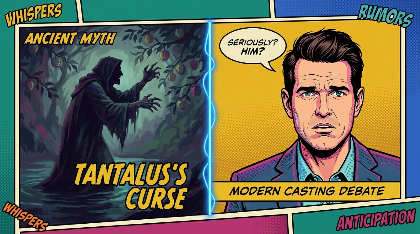 An artistic split image exploring the fan reaction to Timothy Simons being cast as Tantalus in Percy Jackson, contrasting myth with the actor's persona. timothy-simons-percy-jackson-fan-reaction.webp