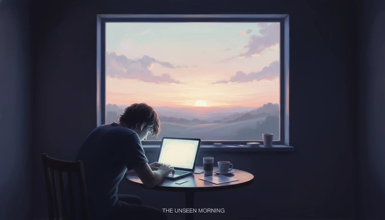 A symbolic image representing the exhaustion of toxic grind culture vs healthy ambition, showing a person ignoring a sunrise to work at a laptop in the dark. filename: toxic-grind-culture-vs-healthy-ambition-bestie-ai.webp