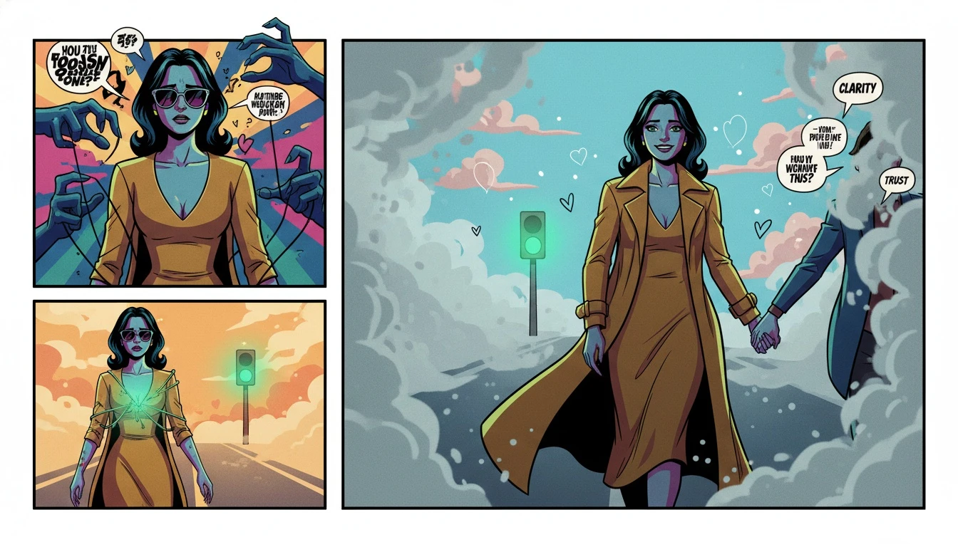 A person finding clarity amidst confusion, representing the discovery of toxic relationship vs healthy relationship signs. The glowing green light symbolizes hope and safety. Filename: toxic-relationship-vs-healthy-relationship-signs-bestie-ai.webp