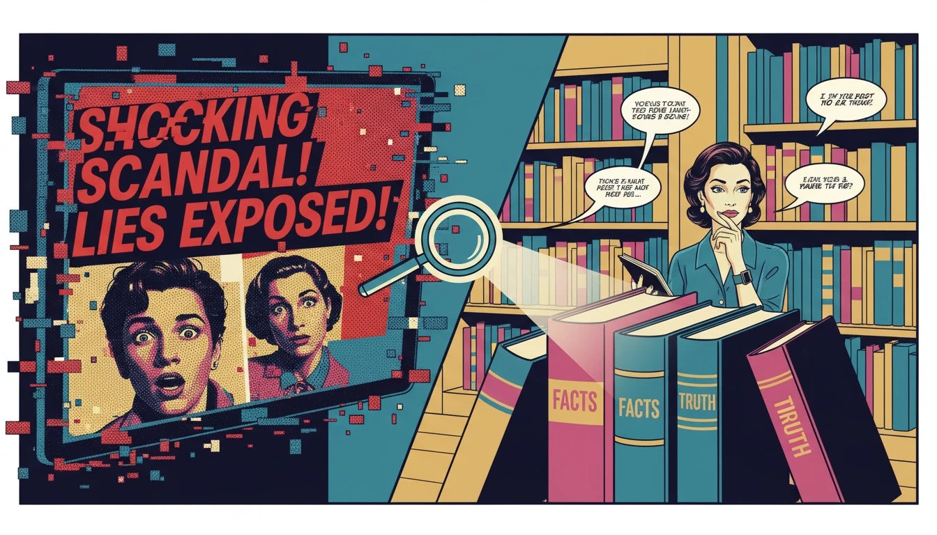 An image representing the process of fact-checking the Tracy Reiner and Rob Reiner hoax, with chaotic misinformation on one side and clear, verified truth on the other. filename: tracy-reiner-hoax-facts-bestie-ai.webp