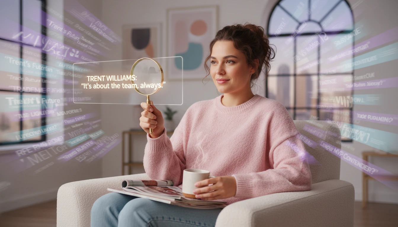 A fan using a media literacy guide to analyze conflicting news reports about Trent Williams' future, representing critical thinking in sports journalism. Filename: trent-williams-media-literacy-guide-bestie-ai.webp