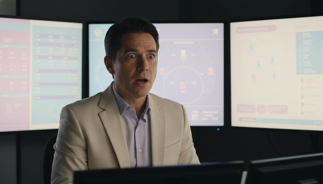 An illustration depicting the intense pressure on commentators like Troy Aikman, showing the moment an odd one-liner can happen on live TV. Filename: troy-aikman-odd-one-liner-mnf-gaffe-bestie-ai.webp