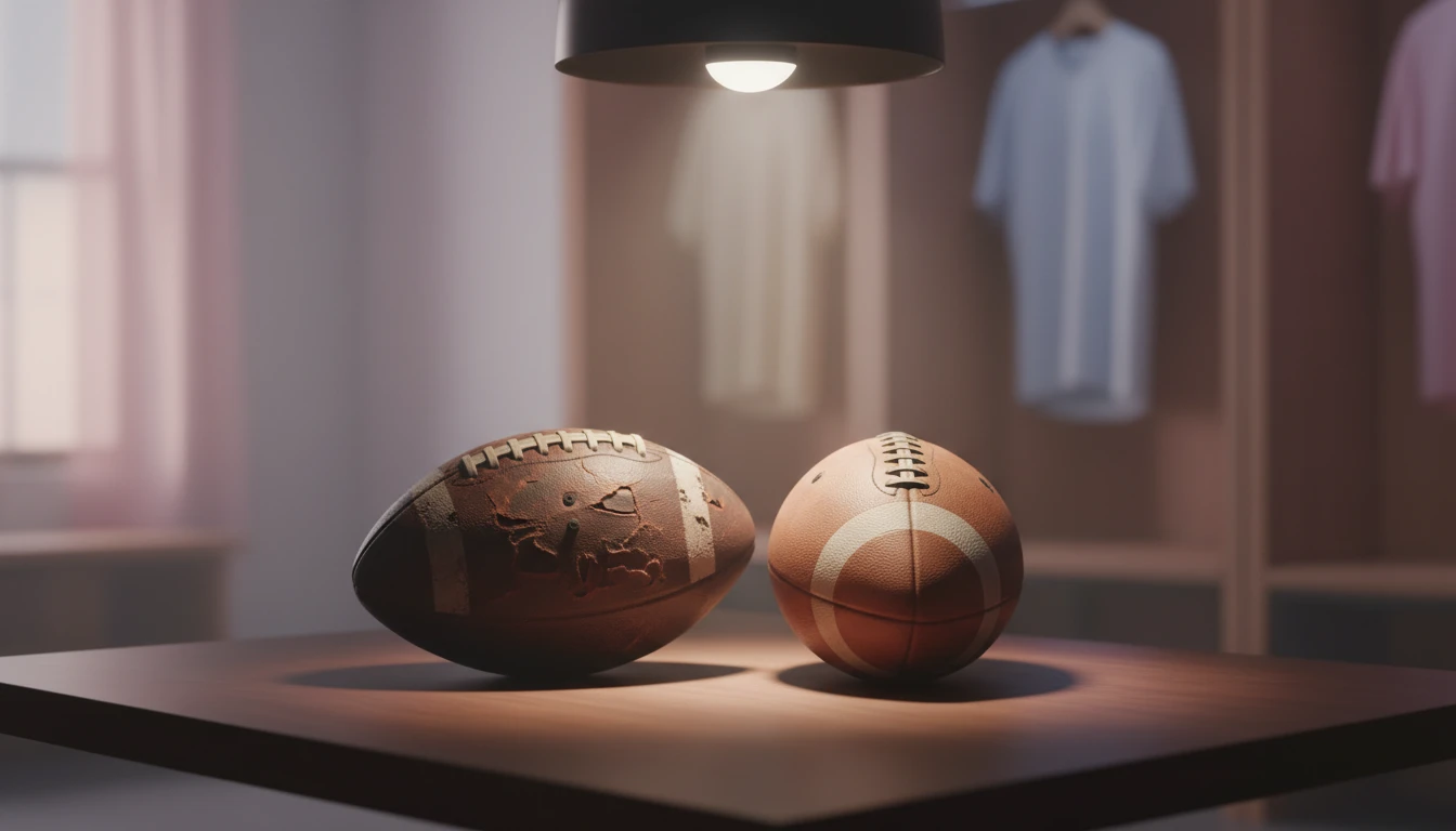 Two footballs on a table representing the shared experience in the Troy Aikman Philip Rivers interview and the psychology of respect among athletes. troy-aikman-philip-rivers-interview-psychology-bestie-ai.webp
