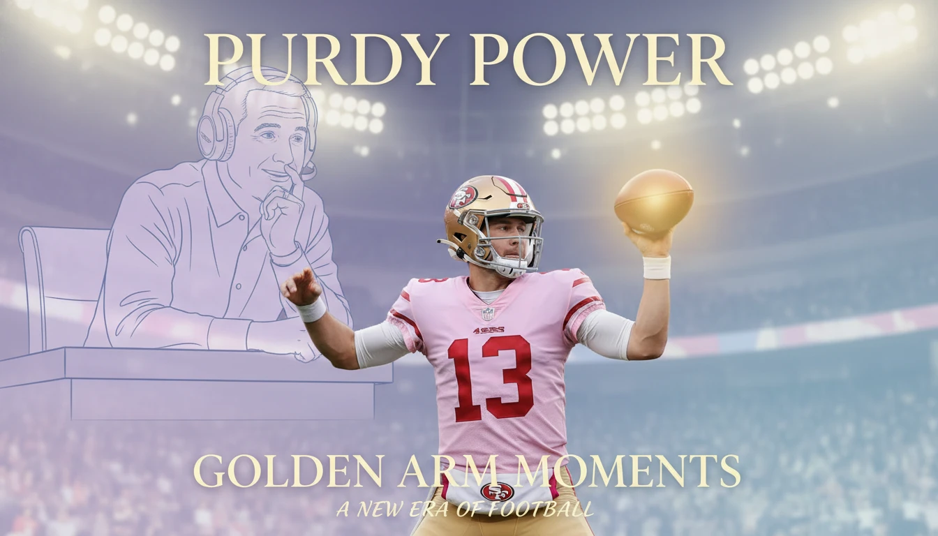 A dramatic image symbolizing the powerful Troy Aikman reaction to Brock Purdy's defining game, showing a quarterback's glowing throw with an announcer's awe-struck expression superimposed. troy-aikman-reaction-to-brock-purdy-bestie-ai.webp