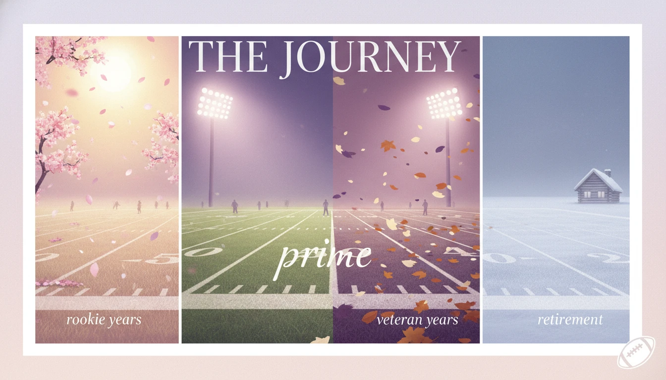 A metaphorical look at the career stages of an athlete like Tyler Warren, showing a football field divided into the four seasons of a career: spring, summer, autumn, and winter. Filename: tyler-warren-bestie-ai.webp