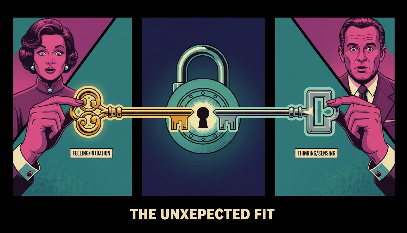 Two different antique keys, symbolizing underrated mbti compatibility, fitting together into a single glowing lock, representing how unconventional couples can work. Filename: underrated-mbti-compatibility-bestie-ai.webp