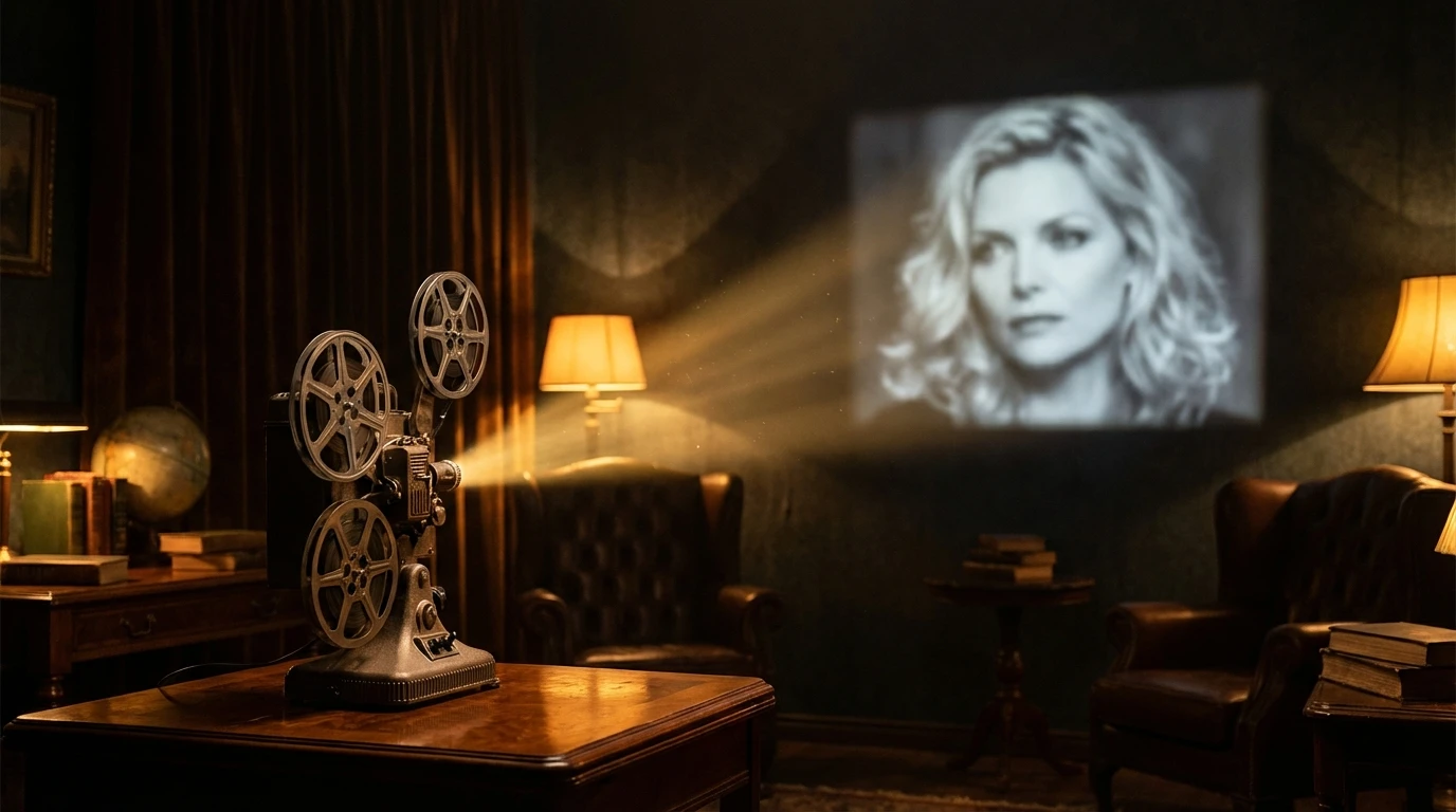A vintage film projector illuminates a wall, symbolizing the discovery of underrated Michelle Pfeiffer movies from her vast filmography. Filename: underrated-michelle-pfeiffer-movies-bestie-ai.webp