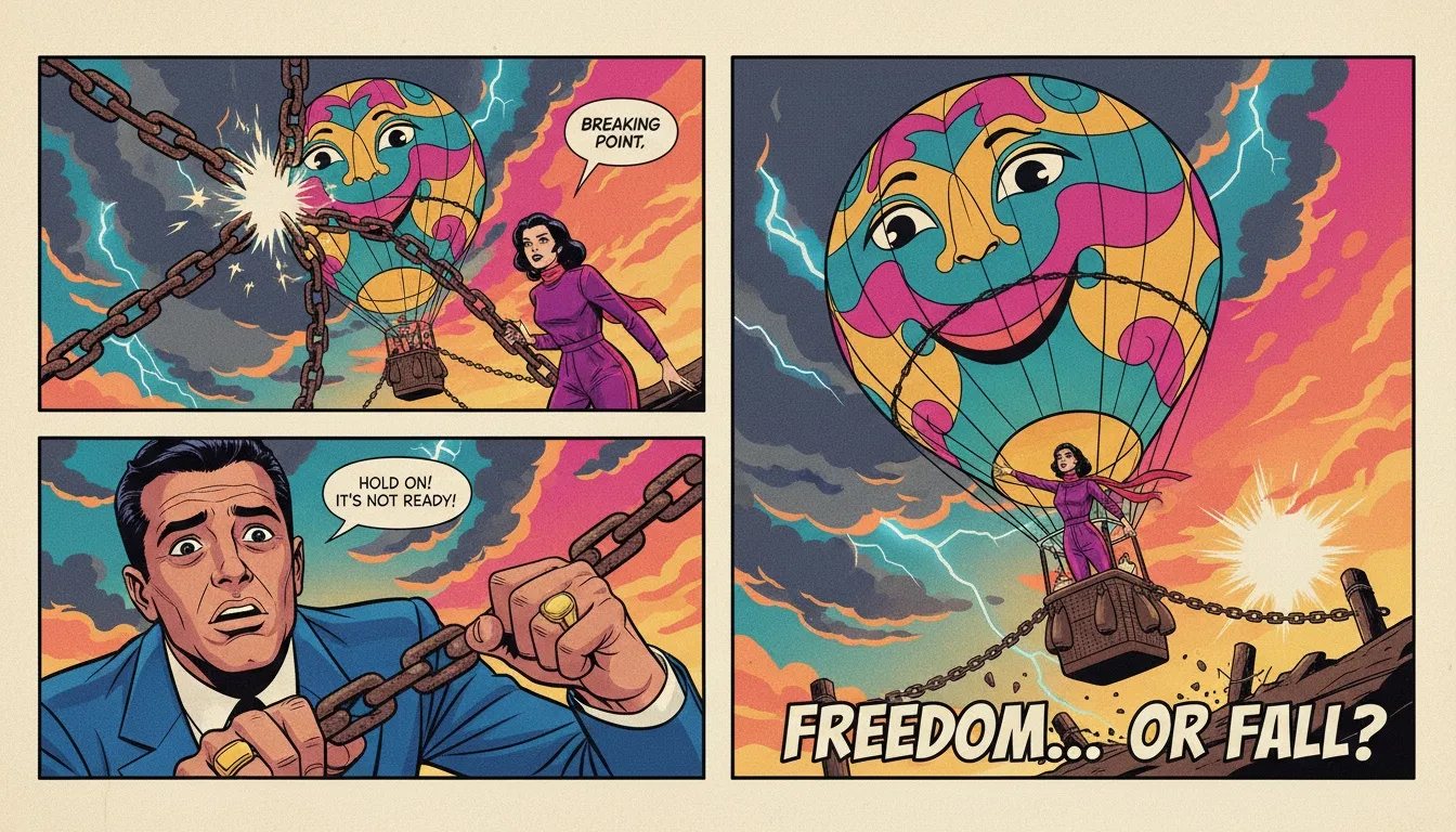 A symbolic image representing unhealthy ENFP traits, showing a colorful hot air balloon held down by chains, symbolizing the struggle between potential and self-sabotage. Filename: unhealthy-enfp-traits-bestie-ai.webp