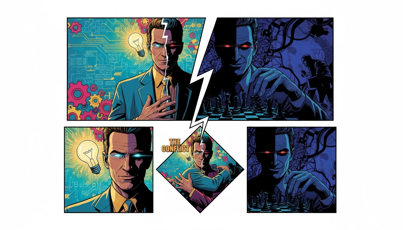 A symbolic image representing the common unhealthy ENTP signs, showing a person's face split between a creative visionary and a dark, manipulative strategist. unhealthy-entp-signs-bestie-ai.webp