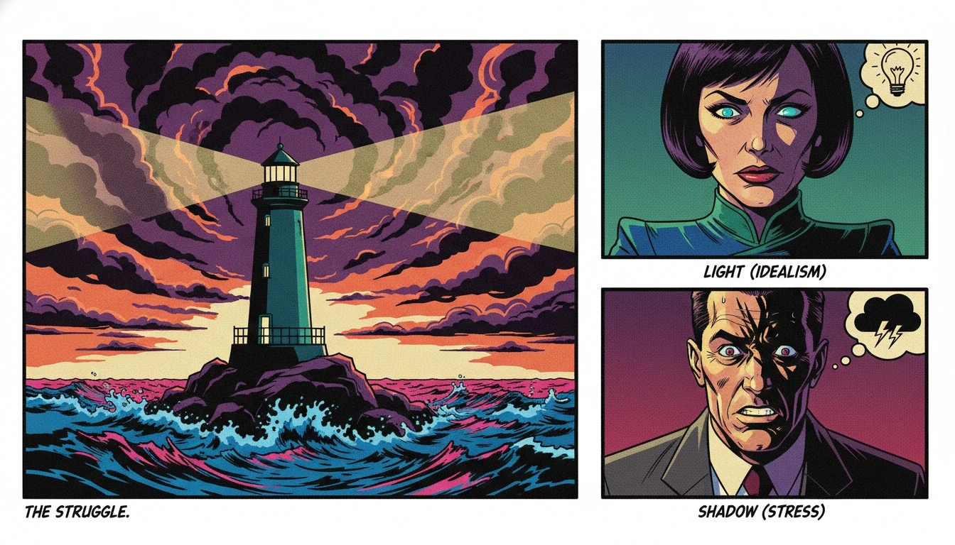 A symbolic image representing unhealthy infj traits, showing a lighthouse struggling to shine its light through a dark storm, representing the INFJ's inner conflict under stress. Filename: unhealthy-infj-traits-bestie-ai.webp