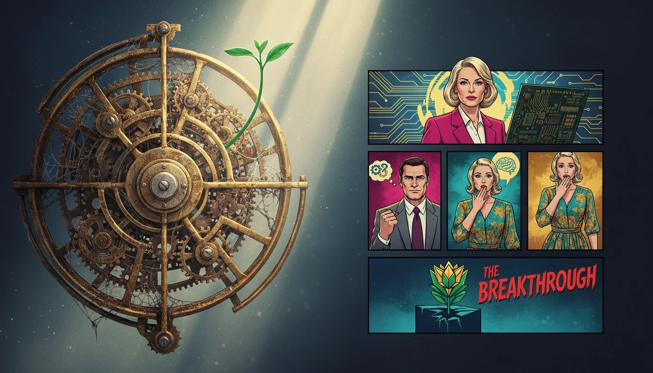 A symbolic image representing unhealthy INTP signs, showing a rusted, complex machine with a single green plant of hope growing from it, signifying personal growth. Filename: unhealthy-intp-signs-bestie-ai.webp