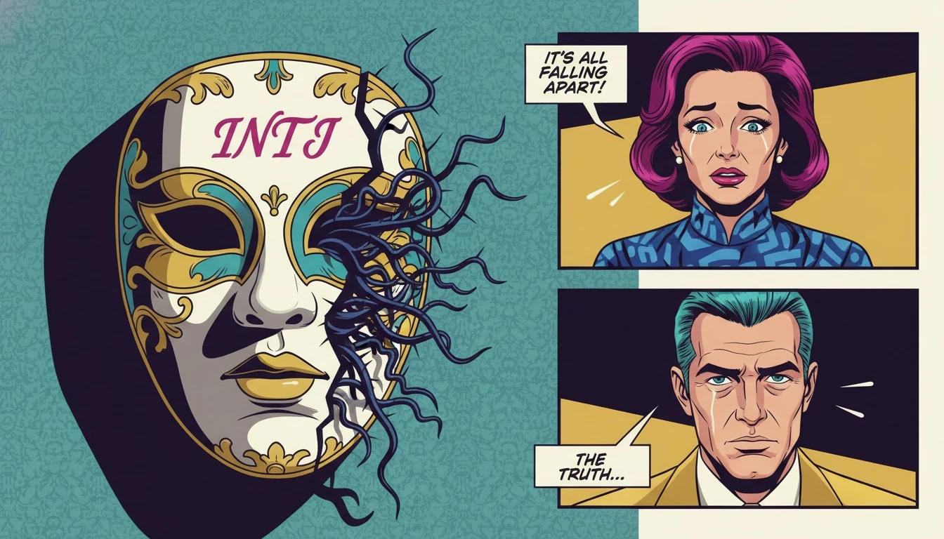 A cracking porcelain mask representing a personality type, revealing the thorny reality of unhealthy mbti type behavior underneath. Filename: unhealthy-mbti-type-behavior-bestie-ai.webp