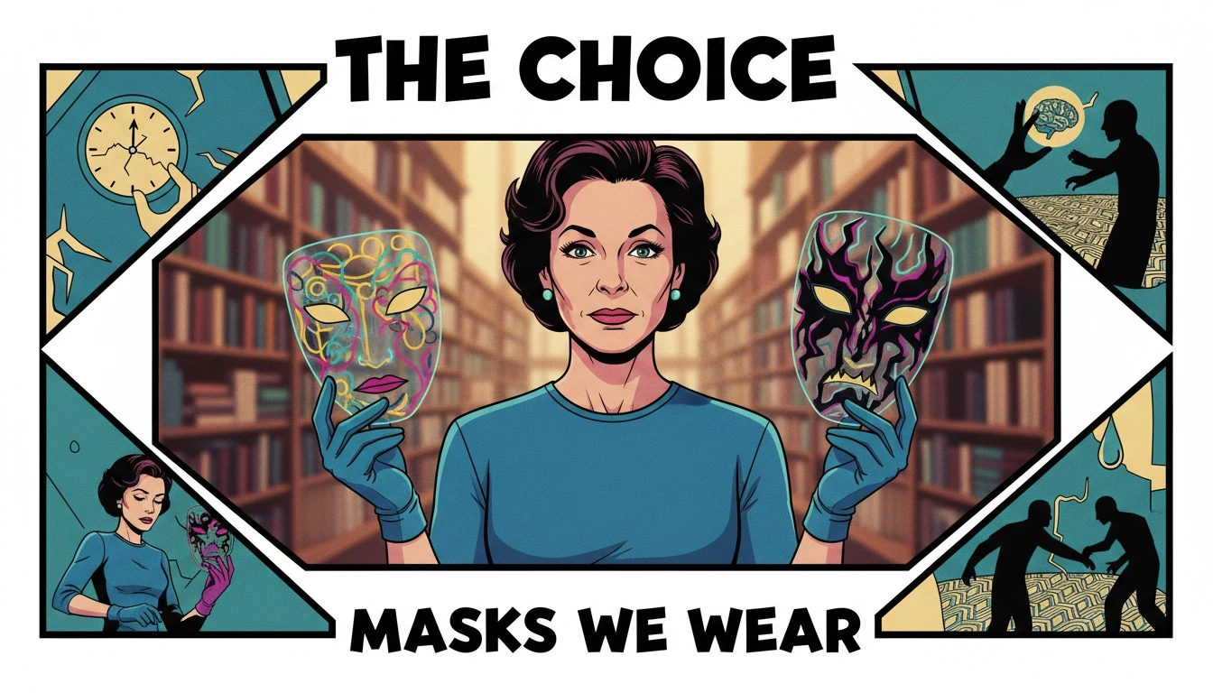 A person discerning between a glowing personality mask and a cracked, toxic one, illustrating the difference between personality traits and unhealthy mbti types in friendships. Filename: unhealthy-mbti-types-in-friendships-bestie-ai.webp