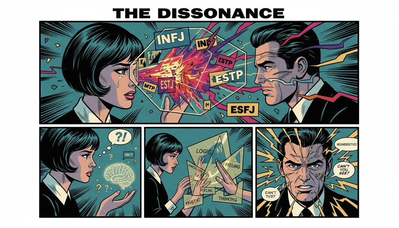 A symbolic representation of the confusion around unhealthy MBTI types in relationships, showing a person viewed through a distorted prism of personality labels. Filename: unhealthy-mbti-types-in-relationships-bestie-ai.webp