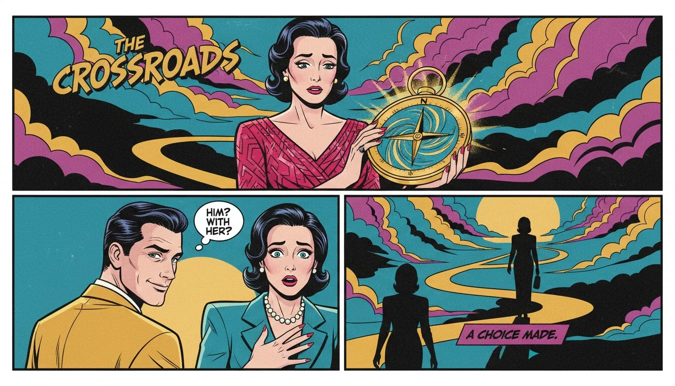 navigating-unplanned-pregnancy-options-and-emotions-bestie-ai.webp. A woman standing at a metaphorical crossroads with a glowing compass, illustrating the complexity of unplanned pregnancy options and emotions.