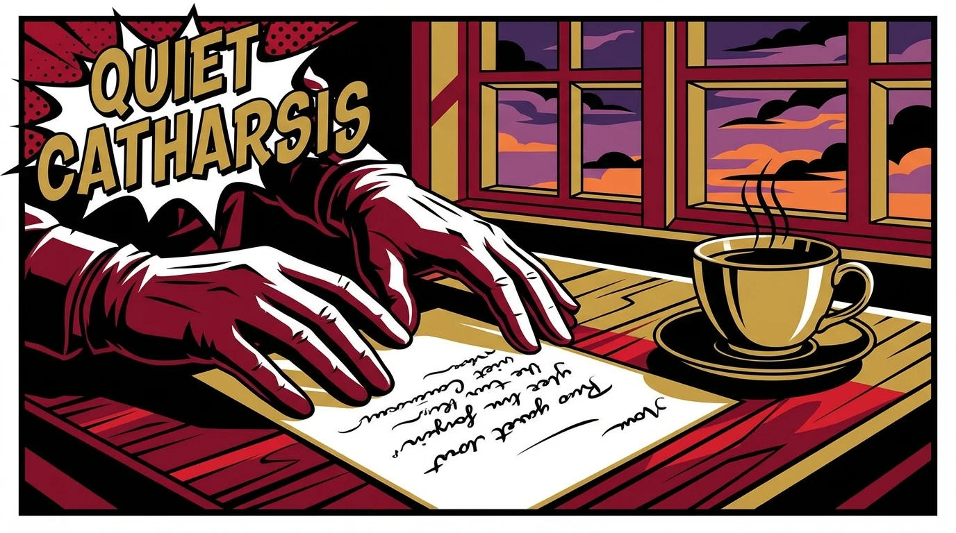 A person finding healing and peace by using the unsent letter journaling technique at a desk during twilight. Filename: unsent-letter-journaling-technique-bestie-ai.webp