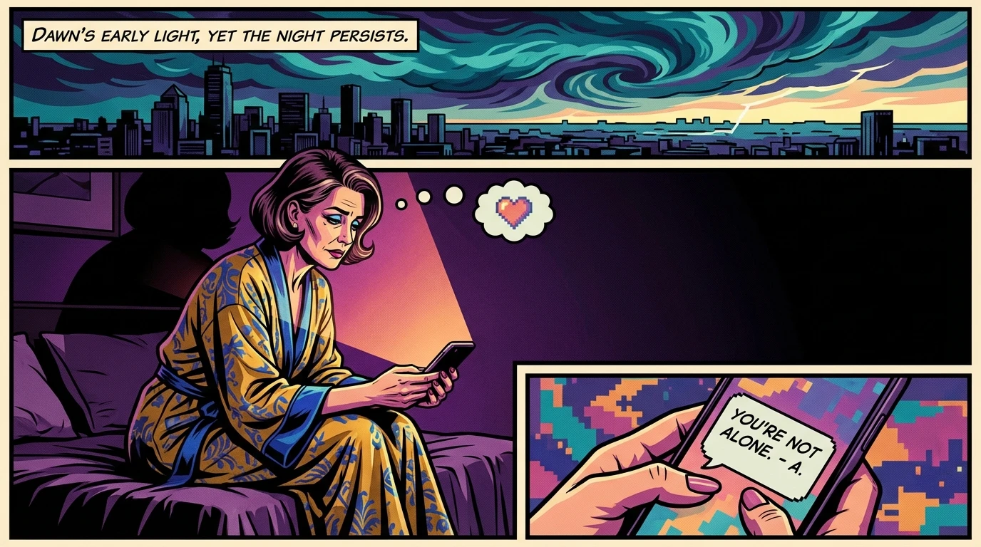 A person finds solace while using AI for breakup recovery on their phone during a lonely night, with the dawn representing hope. filename: using-ai-for-breakup-recovery-bestie-ai.webp