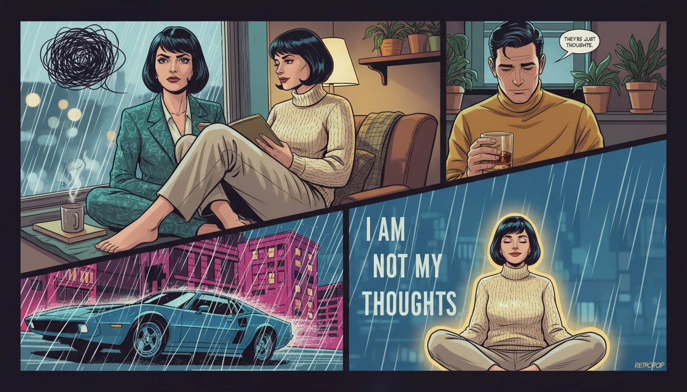 A person calmly observing a rainy, chaotic scene from a window, symbolizing the process of using Headspace for anxiety by creating a peaceful distance from intrusive thoughts. headspace-for-anxiety-technique-bestie-ai.webp