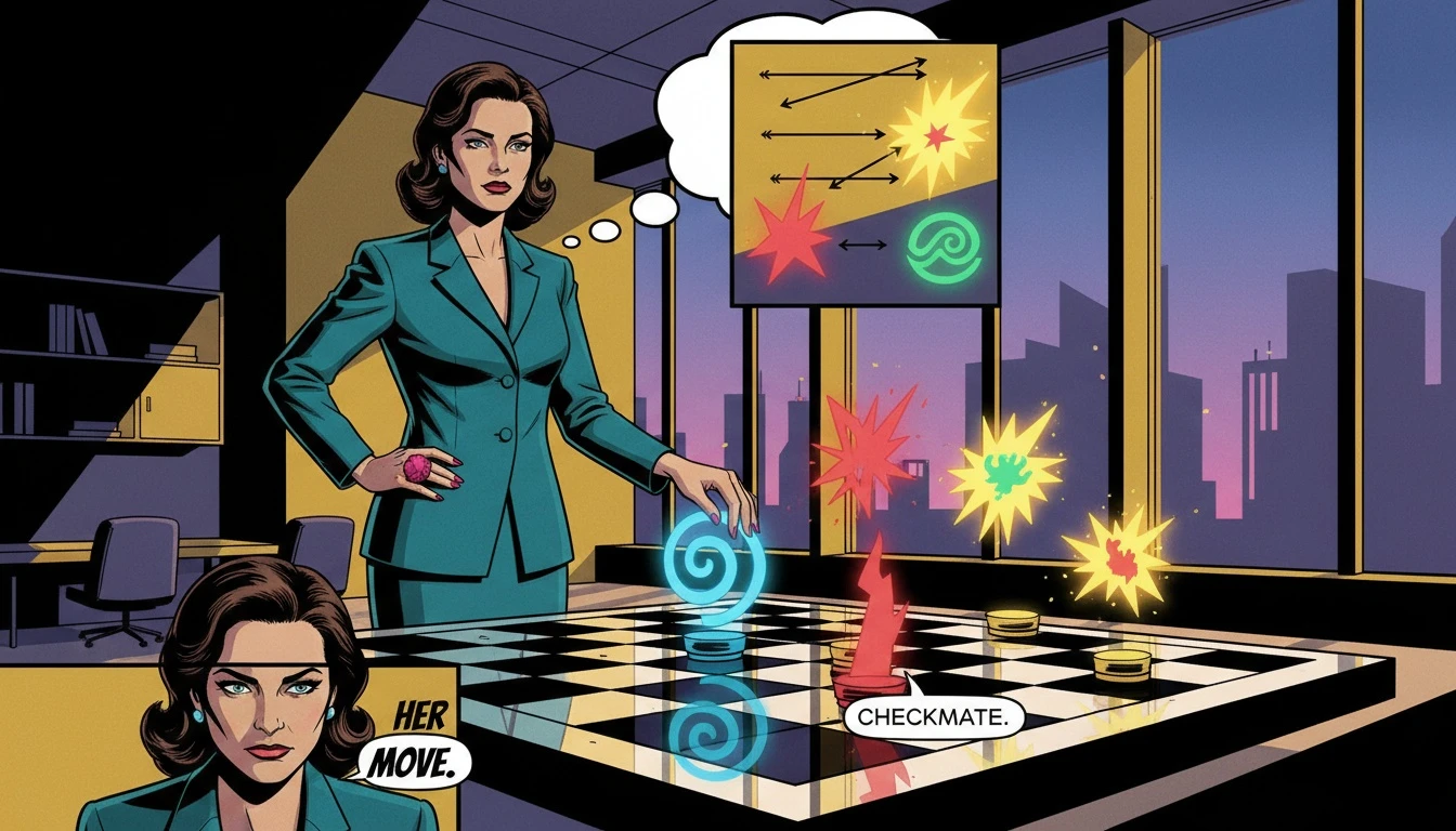 A person strategically using MBTI for career development by moving chess pieces that represent different personality types in a professional setting. Filename: using-mbti-for-career-development-bestie-ai.webp