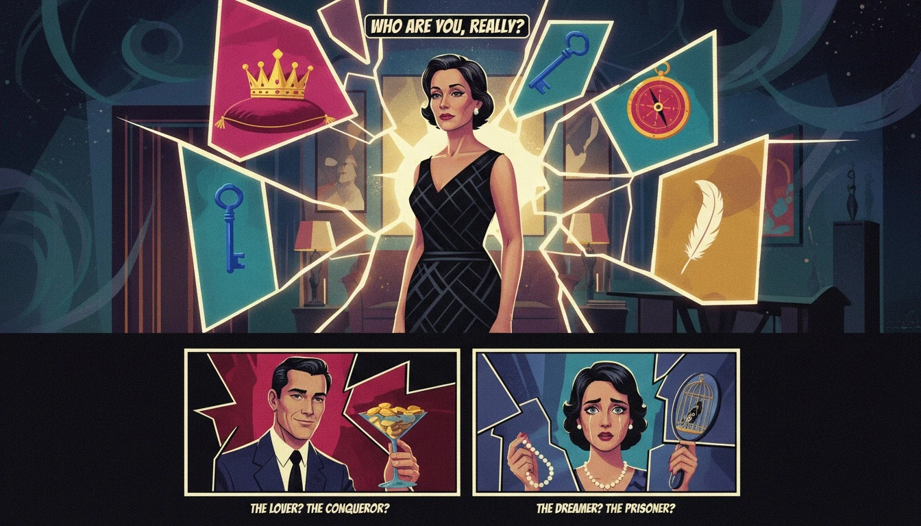 A person contemplates the psychology of MBTI friendships by looking into a fractured mirror, where each piece reflects a different personality archetype, symbolizing the tool's uses and limitations. Filename: using-mbti-for-friendships-bestie-ai.webp