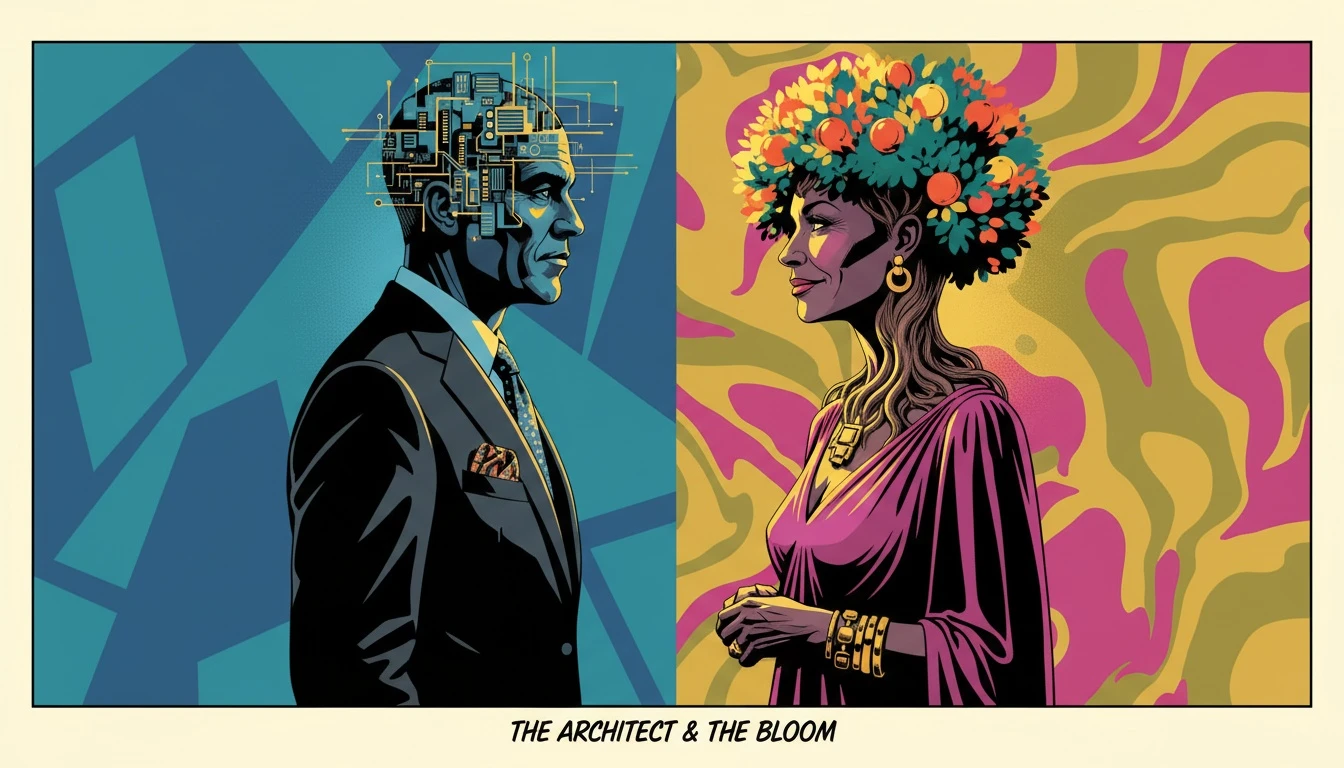 An illustration showing the concept of using MBTI for relationship growth, with one person's mind as a rigid blueprint and the other's as a growing tree, symbolizing a shift from static labels to personal development. filename: using-mbti-for-relationship-growth-bestie-ai.webp