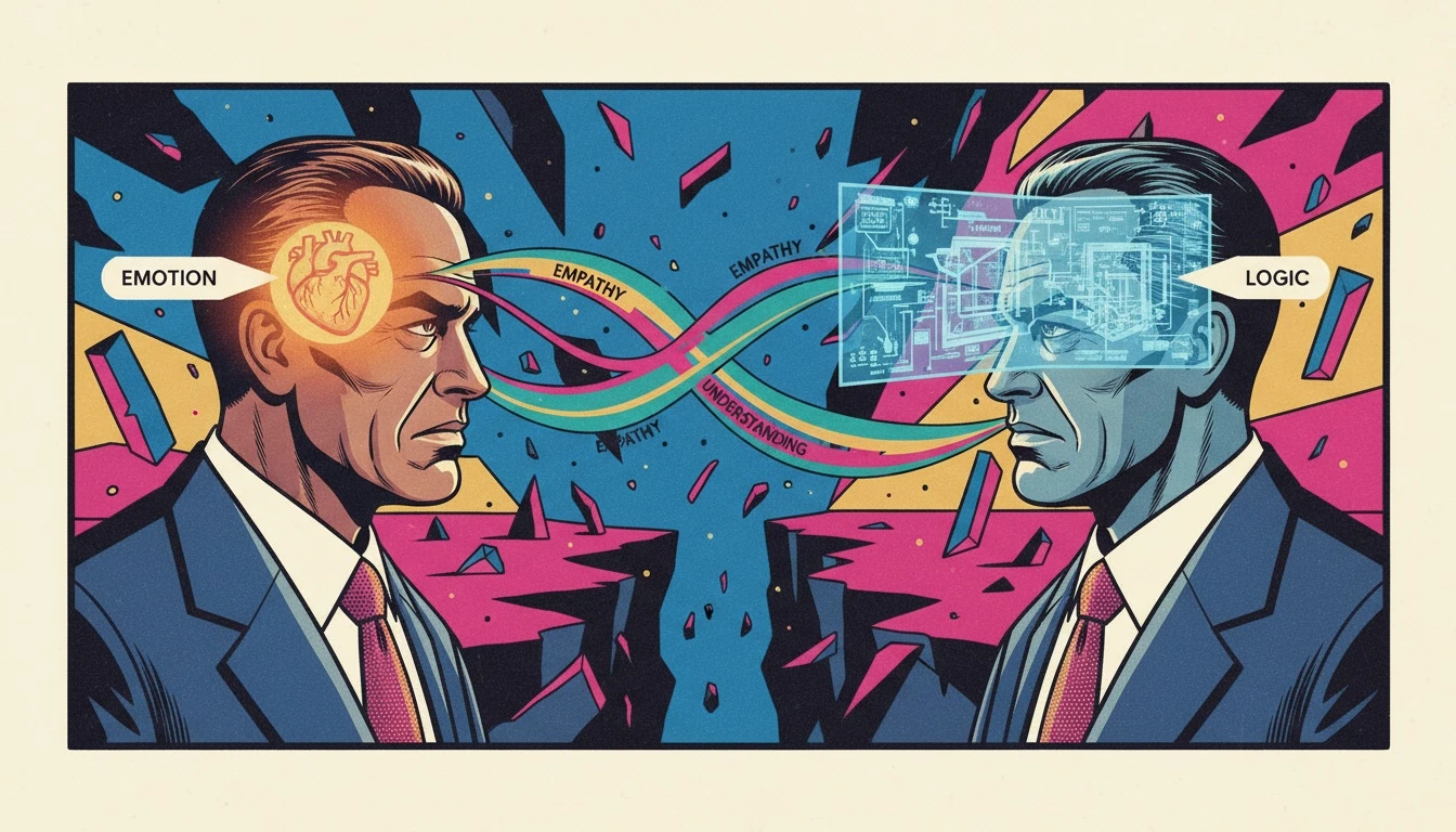 A symbolic image of an emotional and a logical partner bridging their differences, illustrating how MBTI relationship communication can foster understanding. Filename: mbti-relationship-communication-bestie-ai.webp