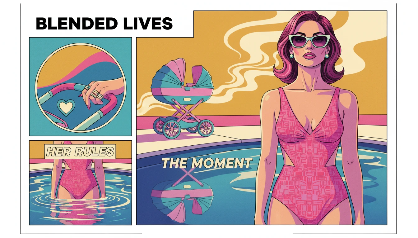 A woman confidently wearing flattering swimwear after baby, embodying the transition of postpartum fashion for new moms inspired by Vanessa Hudgens-bestie-ai.webp