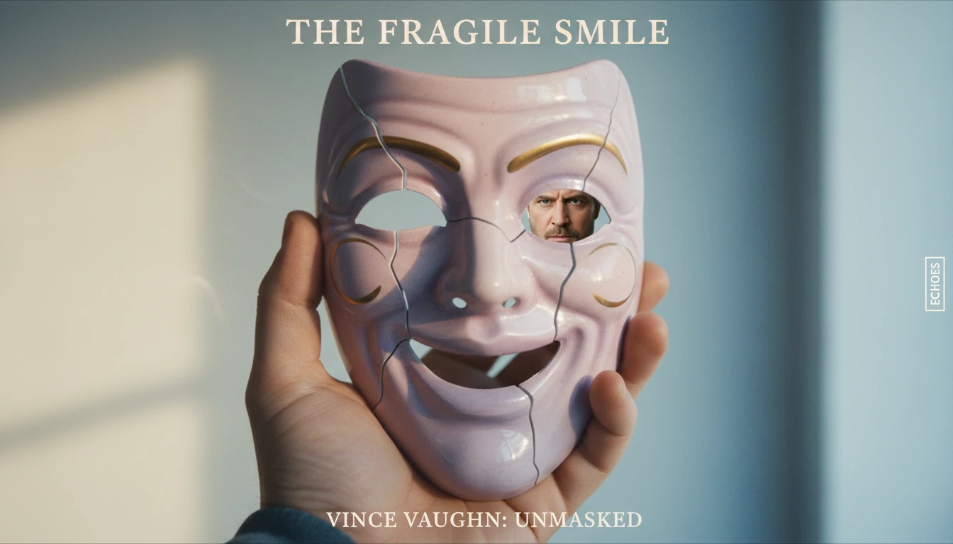 A conceptual image for a Vince Vaughn dramatic roles analysis, showing a smiling comedy mask held by a bruised hand, reflecting his serious face, symbolizing his career transition. Filename: vince-vaughn-dramatic-roles-analysis-bestie-ai.webp