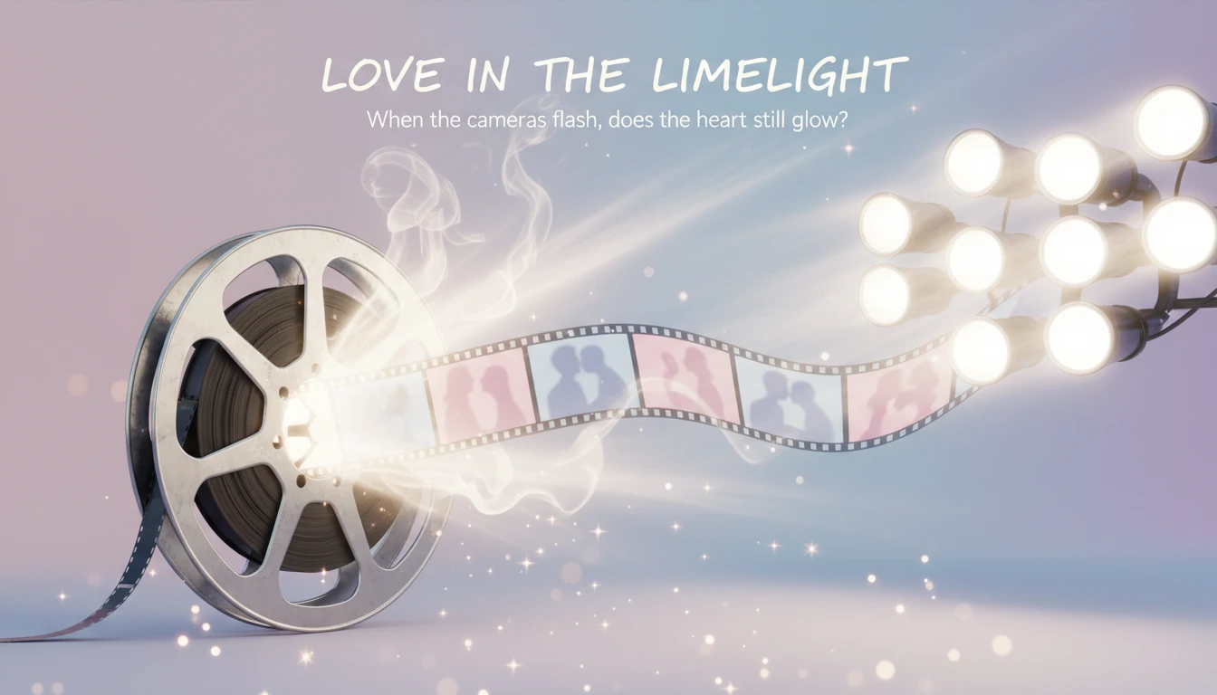 A symbolic image showing an unspooling film reel, representing the Vince Vaughn Jennifer Aniston relationship timeline, being damaged by the bright lights of paparazzi cameras.webp