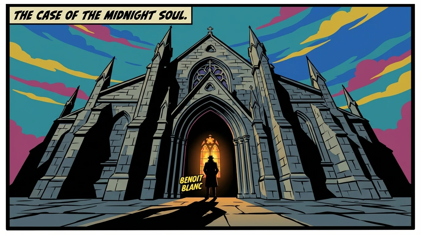 The atmospheric Neo-Gothic church that serves as the Wake Up Dead Man filming location, with a detective figure silhouetted at the entrance, capturing the mood of the murder mystery. Filename: wake-up-dead-man-filming-location-bestie-ai.webp