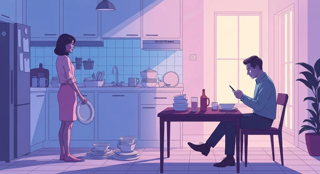 An illustration of weaponized incompetence in relationships showing a woman overwhelmed by domestic labor while her partner remains idle.