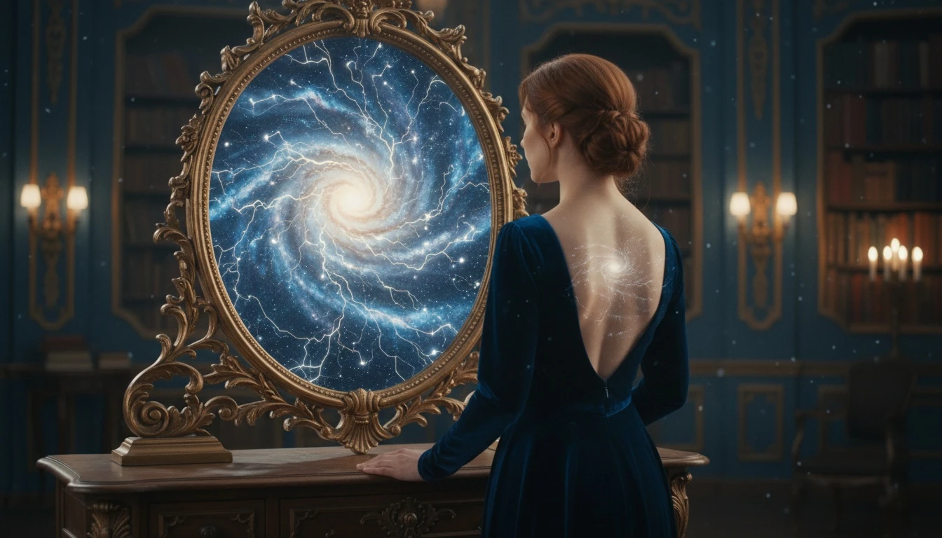 A person discovers the uses of MBTI by looking into a mirror that reflects a glowing map of their inner world, symbolizing deep self-awareness. Filename: what-are-the-uses-of-mbti-bestie-ai.webp