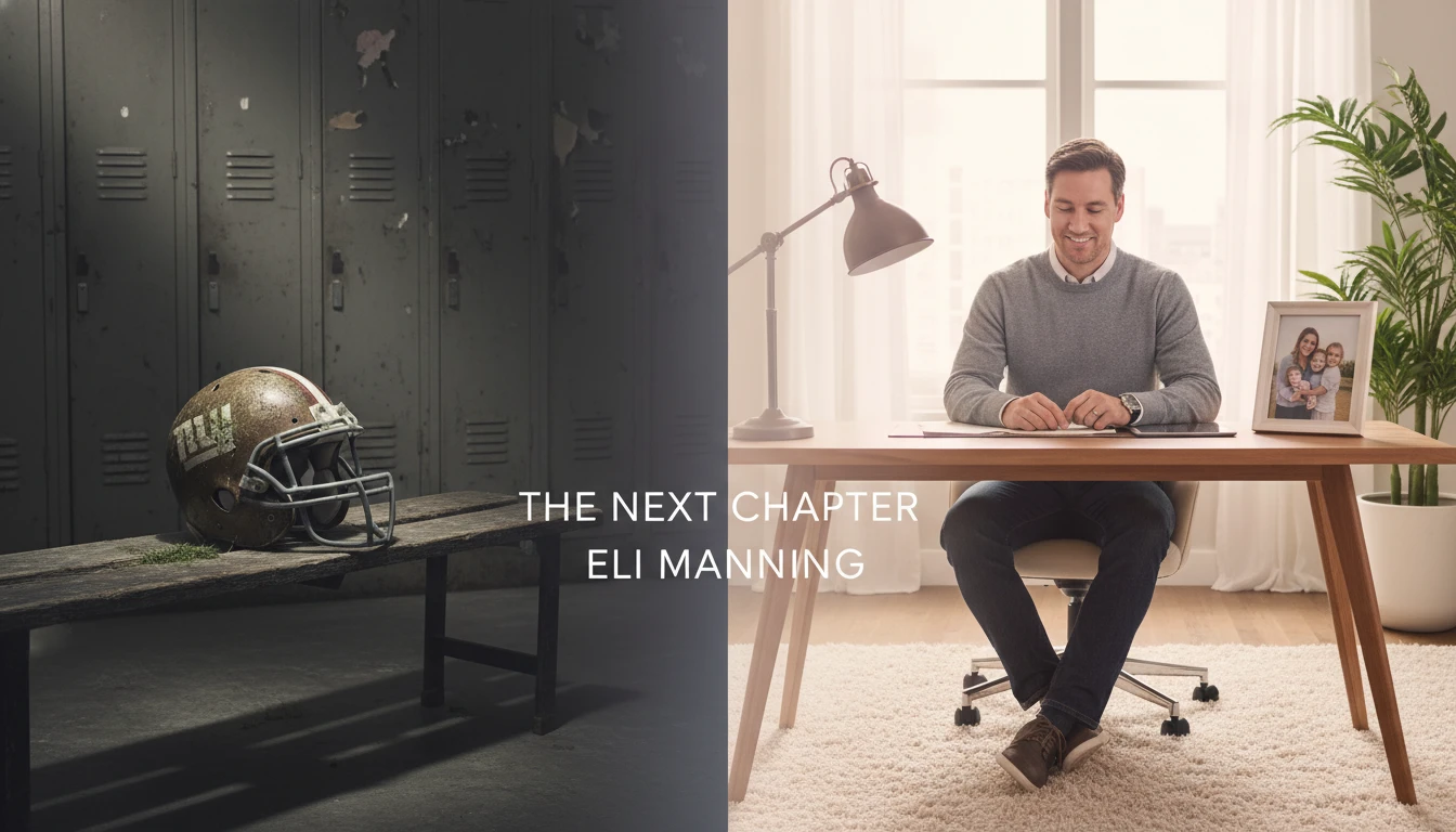 A symbolic image showing what Eli Manning is doing now after his NFL career, contrasting a football helmet in a locker room with his new life in business and family. filename: what-does-eli-manning-do-now-bestie-ai.webp