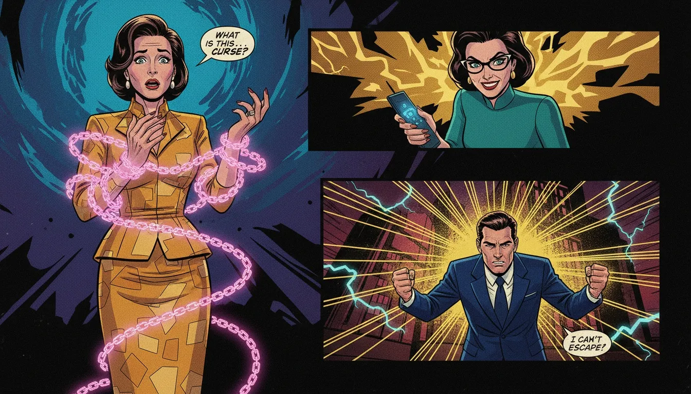 A woman looking at glowing ethereal chains on her wrists, symbolizing the confusing nature of what is a trauma bond and how it can feel both beautiful and trapping. what-is-a-trauma-bond-bestie-ai.webp