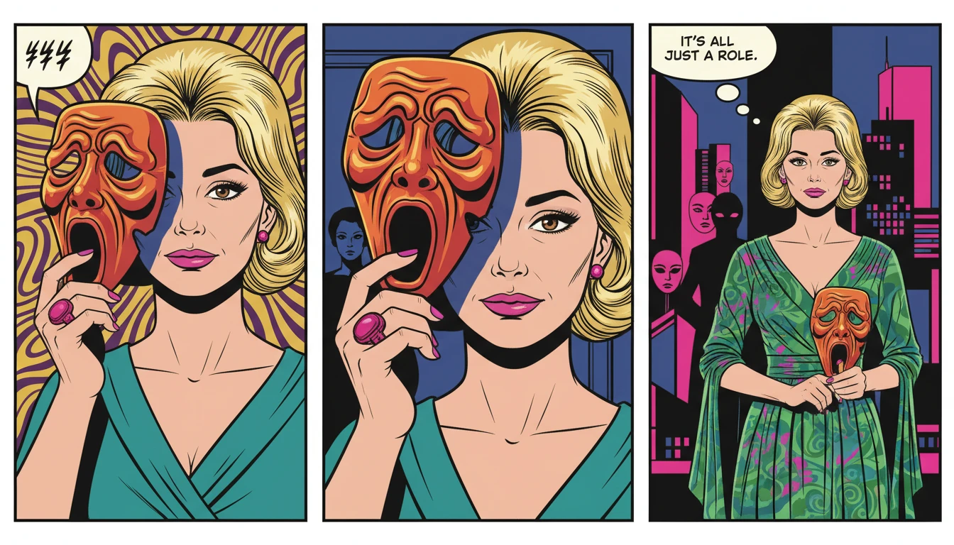 A collection of expressive masks symbolizing what is acting range, with one mask being lifted to show a person's face, illustrating the concept of character transformation for versatile actors like Daryl McCormack. File name: what-is-acting-range-daryl-mccormack-bestie-ai.webp