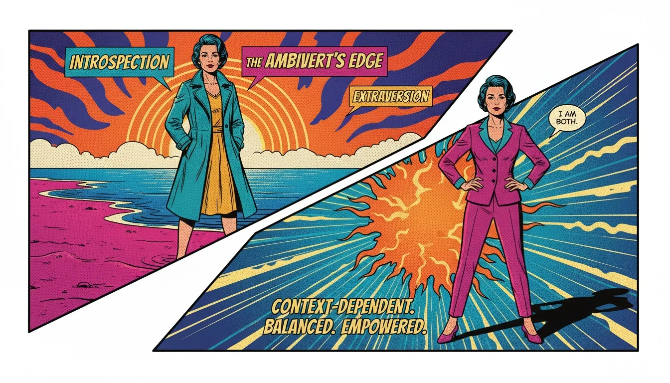 A symbolic image showing what is an ambivert, with a person balancing between the ocean and the land, representing the introvert extrovert spectrum. what-is-an-ambivert-bestie-ai.webp