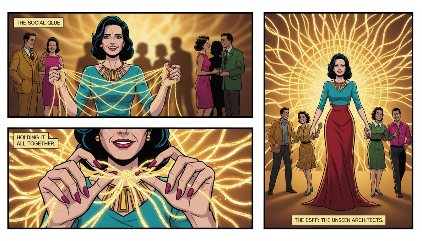 A pair of gentle hands representing the caring nature of the ESFJ personality, mending a golden web that connects people, illustrating how an ESFJ functions as social glue. what-is-an-esfj-bestie-ai.webp