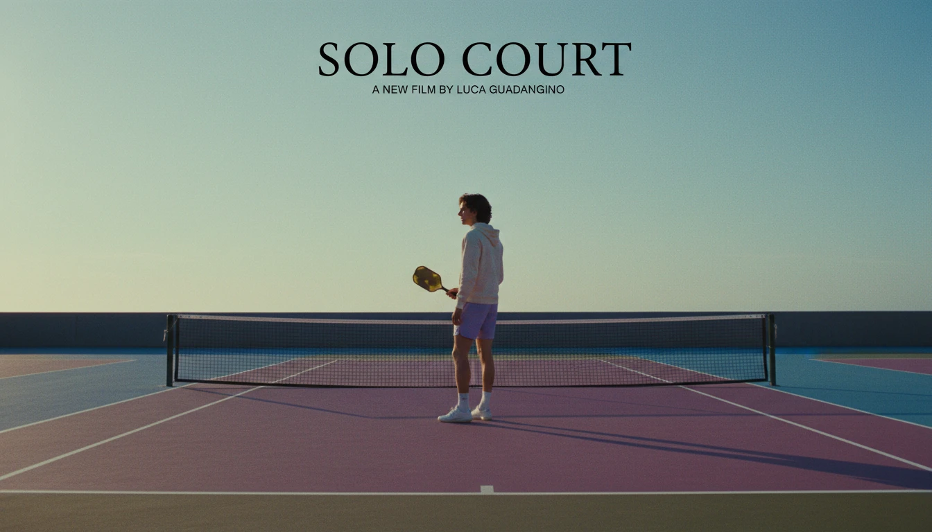 A lone pickleball player on a court at dusk, representing the ambitious and isolating journey in the Marty Supreme movie. Filename: marty-supreme-bestie-ai.webp
