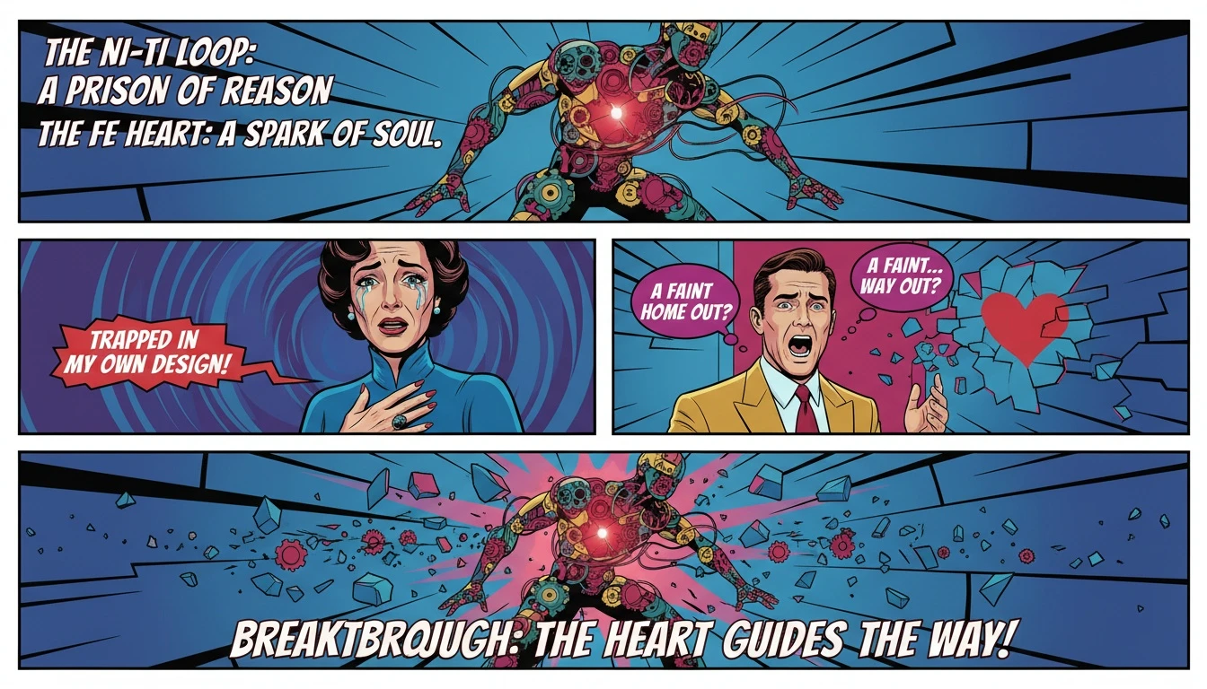 A symbolic representation of the INFJ Ni-Ti loop, showing a mechanical mind with a glowing heart trying to break free, illustrating the core question of 'what is the infj ni-ti loop'. File name: what-is-the-infj-ni-ti-loop-bestie-ai.webp