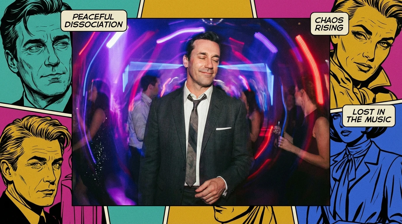 An artistic representation of what the Jon Hamm meme feels like, showing a man in a suit blissfully swaying in a chaotic club, illustrating a moment of mental escape. Filename: what-is-the-jon-hamm-meme-explained-bestie-ai.webp