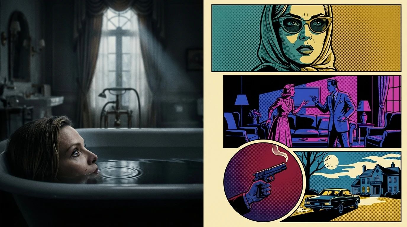 A symbolic image representing the chilling 'What Lies Beneath' Michelle Pfeiffer performance, where a woman in a dark bathtub confronts a terrifying hidden truth, illustrating the film's themes of gaslighting and psychological fear. Filename: what-lies-beneath-michelle-pfeiffer-performance-gaslighting-bestie-ai.webp