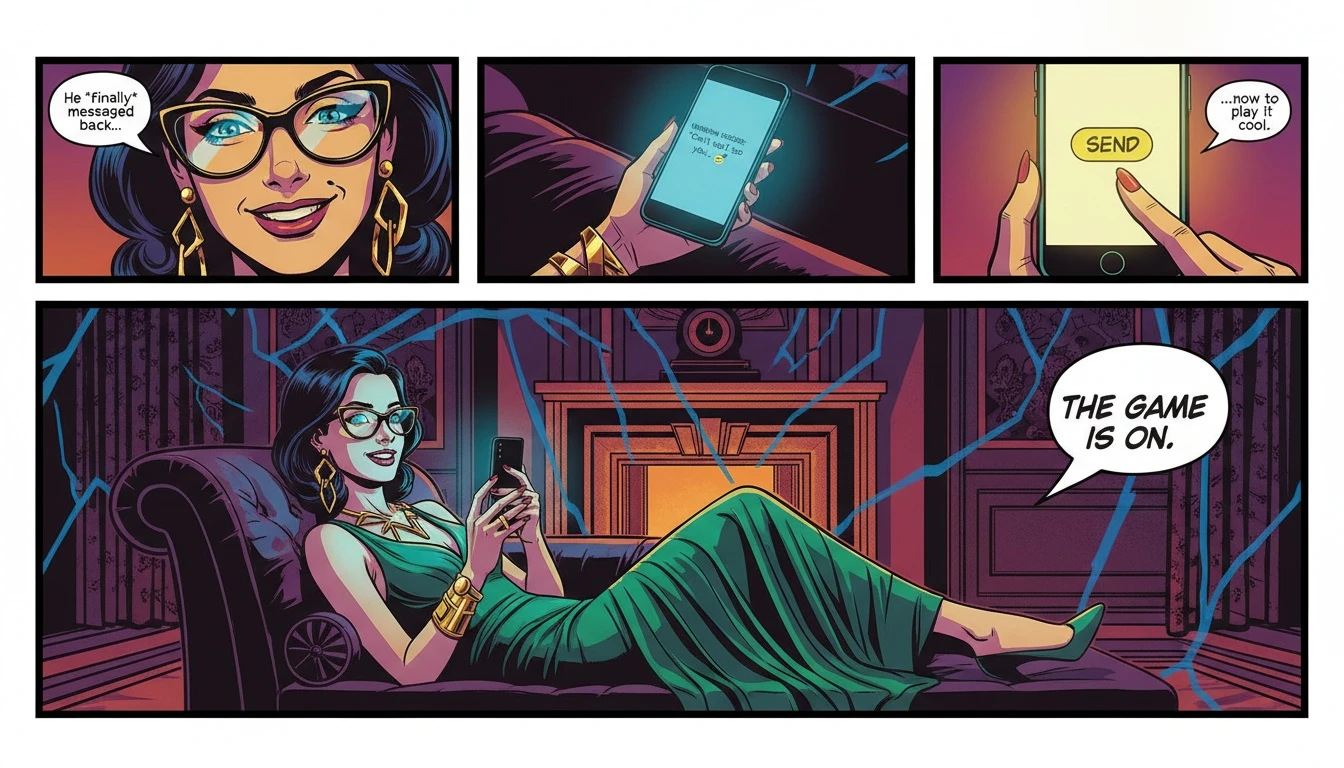 A woman smiling at her phone, contemplating what to call a guy when flirting to deepen their connection. what-to-call-a-guy-when-flirting-bestie-ai.webp