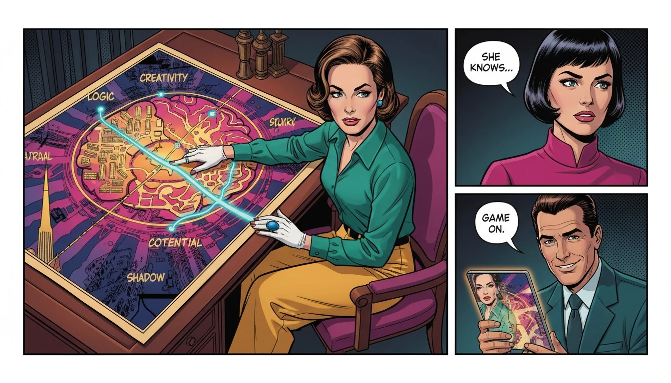 A person tracing a glowing path on a map of the human mind, illustrating what to do with personality test results to chart a course for personal growth. filename: what-to-do-with-personality-test-results-bestie-ai.webp